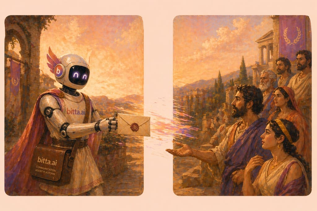A bitta.ai representative — caped, carrying a satchel labeled 'bitta.ai · Communication Agent Platform' — delivering a sealed message as a stream of light carries it across to an audience receiving it on the other side.